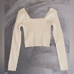 Cream Ribbed Knit Square Neck Sweater